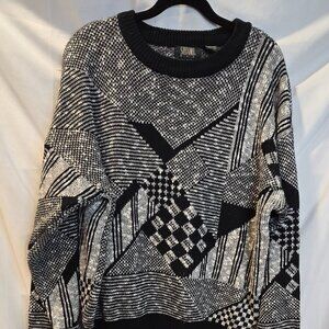 Vintage Stefano Man Knit Sweater Large Black White Ski Grandpa Core Pattern 90s